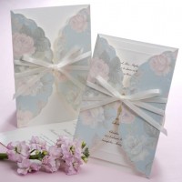 B1002 Chic Blue Petals Vertical Wedding Invitation Card